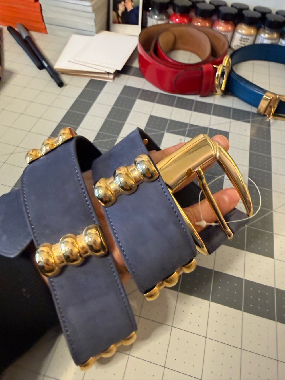 Escada Navy Blue Suede Gold Statement Belt Size 38 Made in Italy - Picture 1 of 3